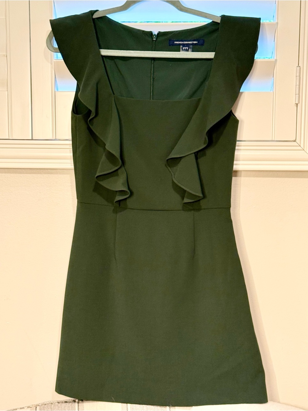 French Connection Olive Green Ruffle-Trim Sheath Dress